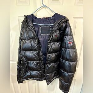 Large Tommy Hilfiger Black Puffer Jacket with several brand/logo placements